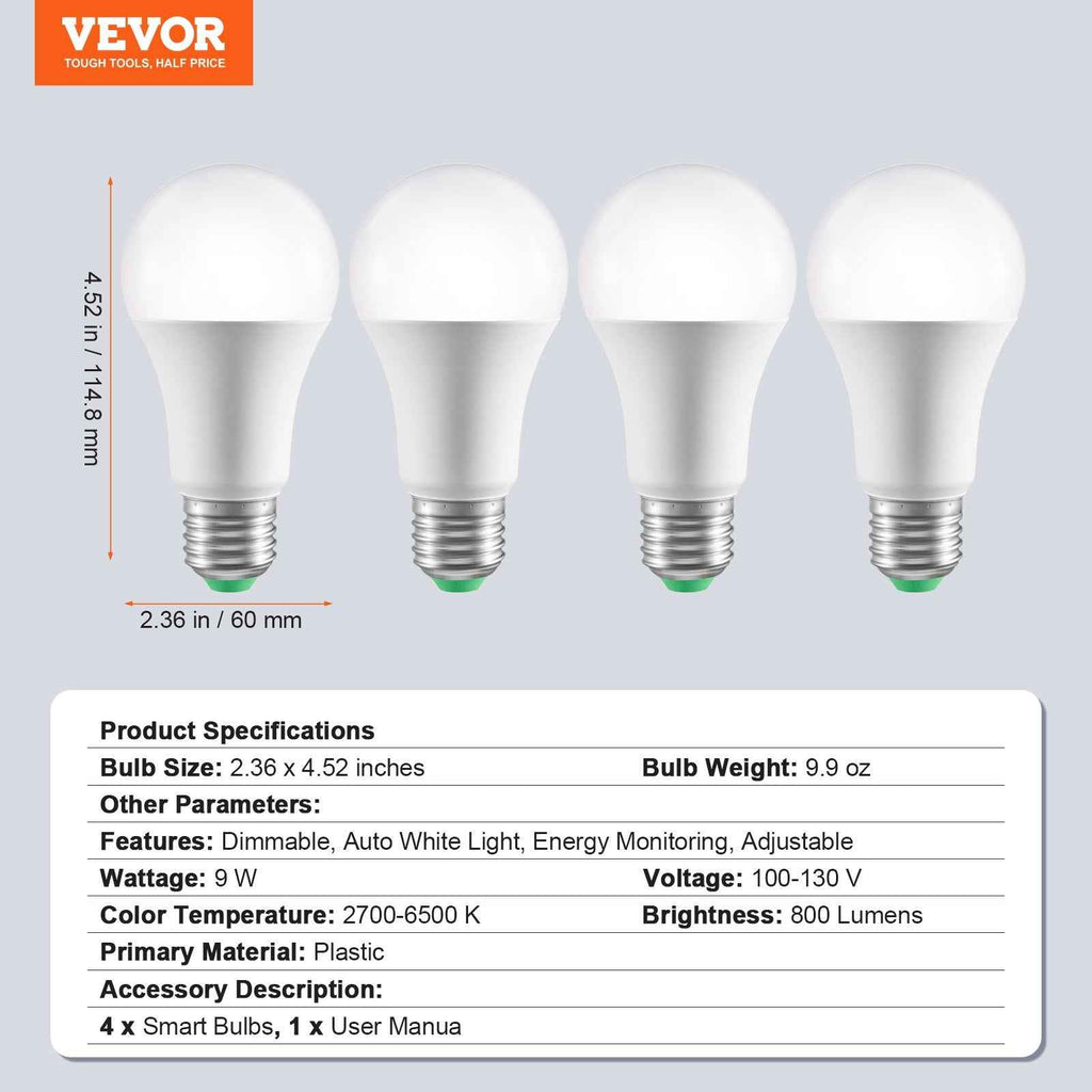 VEVOR Smart Light Bulbs, 4-Pack, 9W Multicolor LED Bulbs, 800 Lumens With Smart Control Compatibility For Vera, Google Assistant, Amazon Alexa, IOS, Android, RGB Color Changing