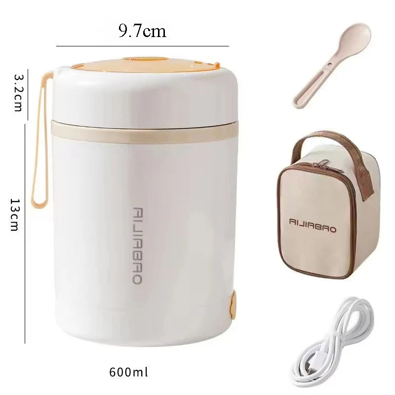 600ML Portable USB Electric Heating Lunch Box Stainless Steel Food Warmer with Drink Function for Picnics Food Heater